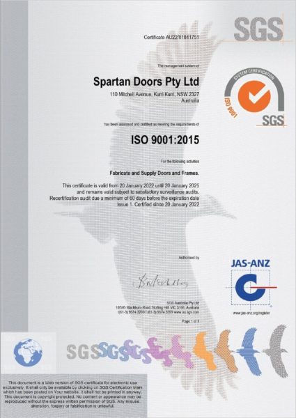 Certificate, Spartan Doors